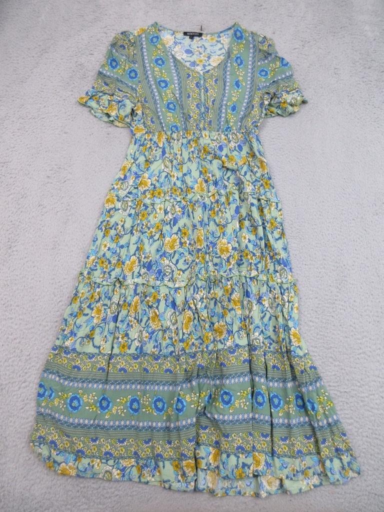 Kojooin Dress Womens Medium Blue Yellow Floral Boho Maxi Ruffle Sleeve Viscose