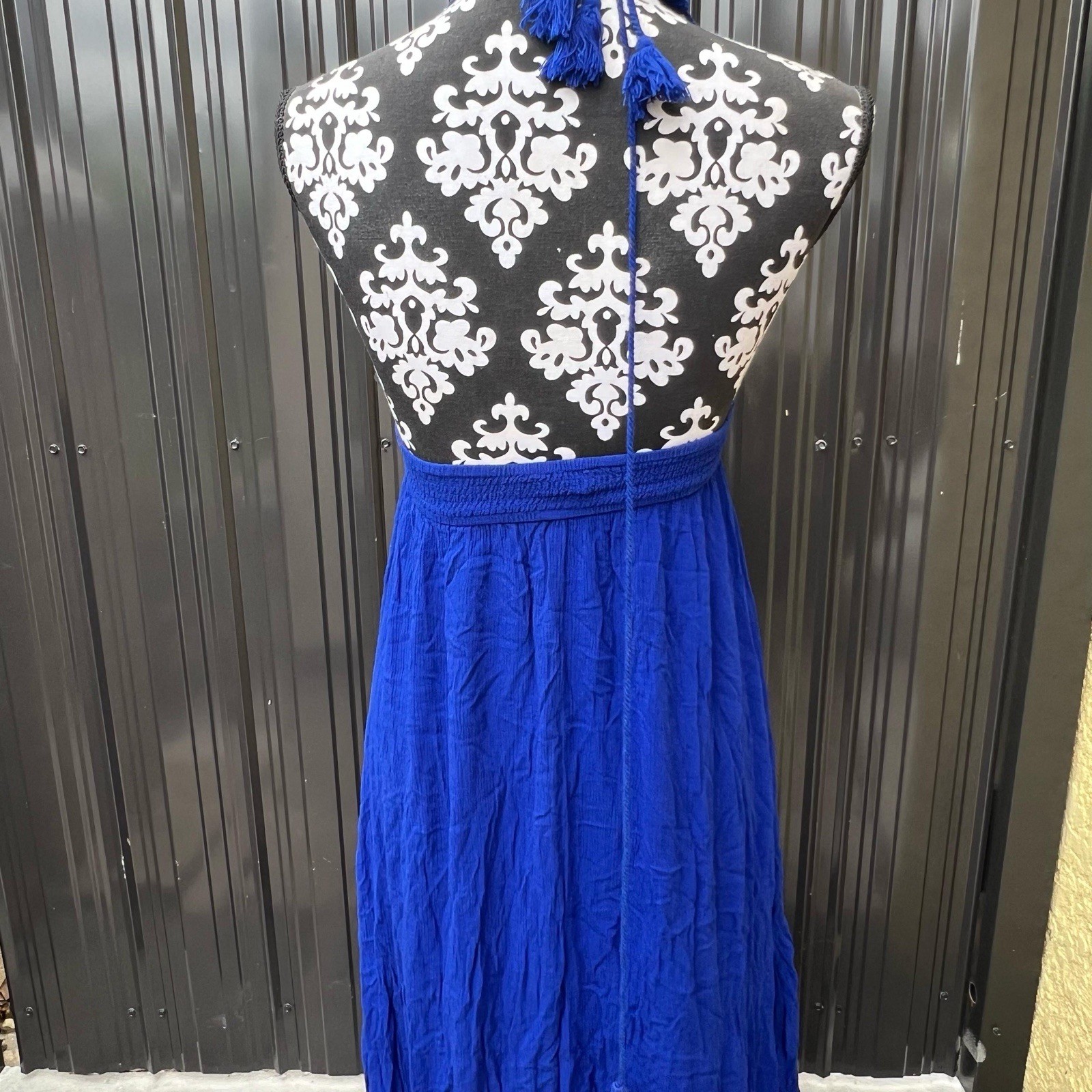 Forever 21 Women’s Blue S Maxi Dress V-Neck Halter Smocked Backless Tassel