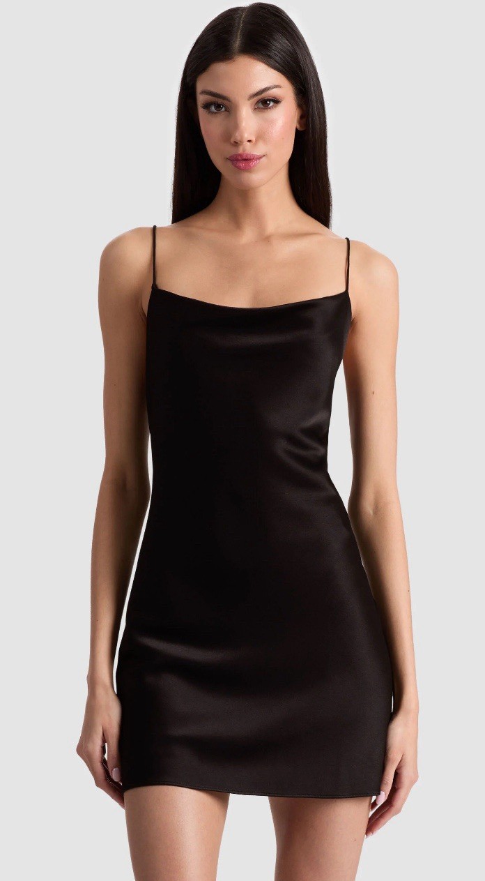 Alice + Olivia Harmony Slip Dress 2 Black Satin Cowl Neck Minimalist Bridal NEW