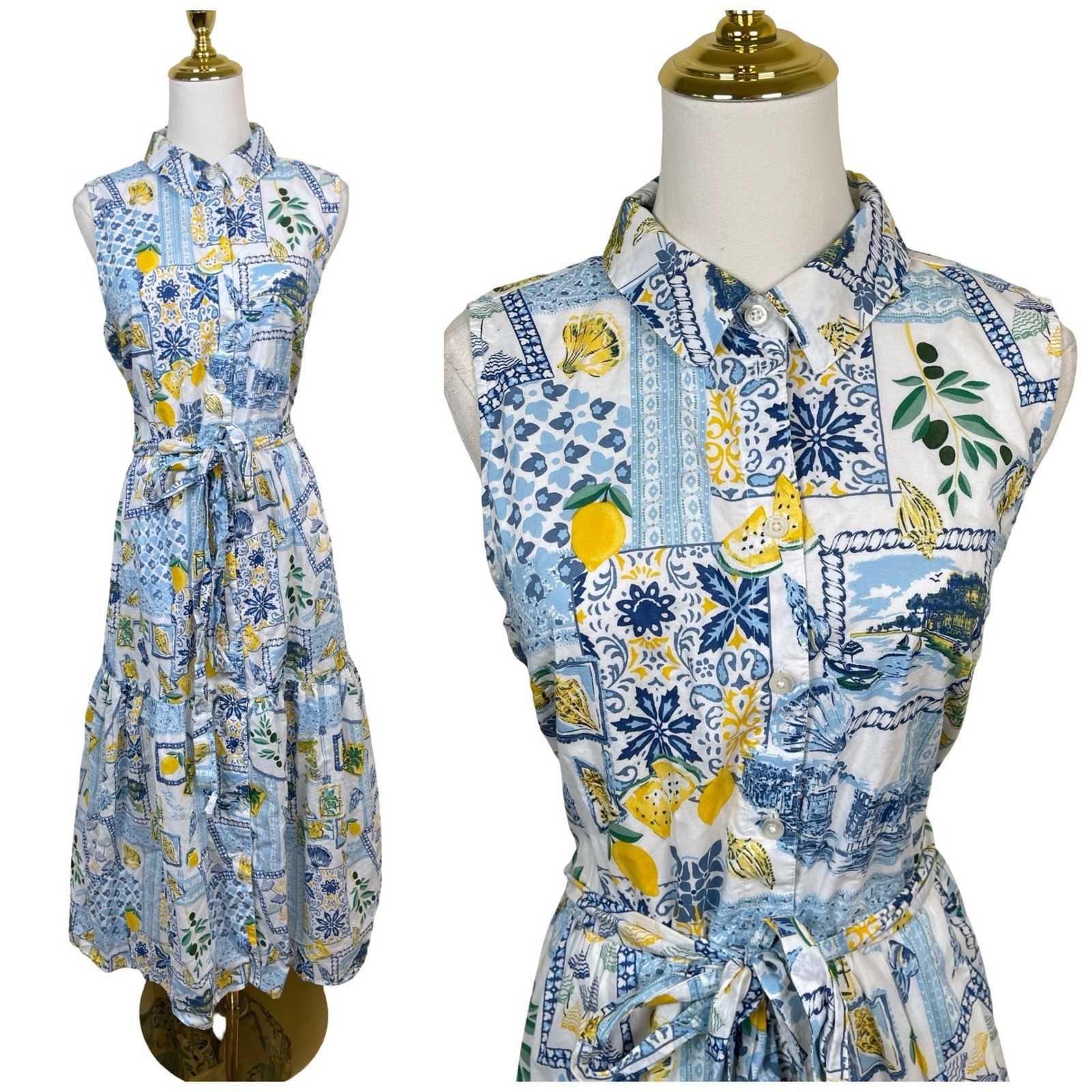 J.Crew Docle Vita Lemon Dress Midi Women 12 Blue Lemon Mediterranean Cotton Belt