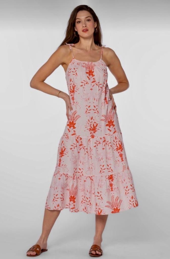 NEW VELVET HEART Pink Red Floral Linen Blend Midi Cami Dress S M? Coastal Beach