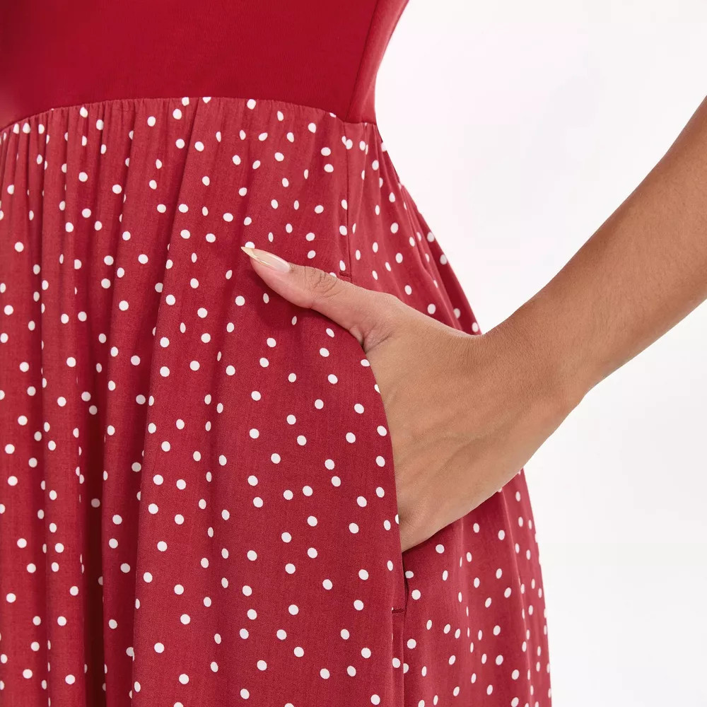 Women Short Sleeve Contrast Midi Dress – A New Day Red Polka