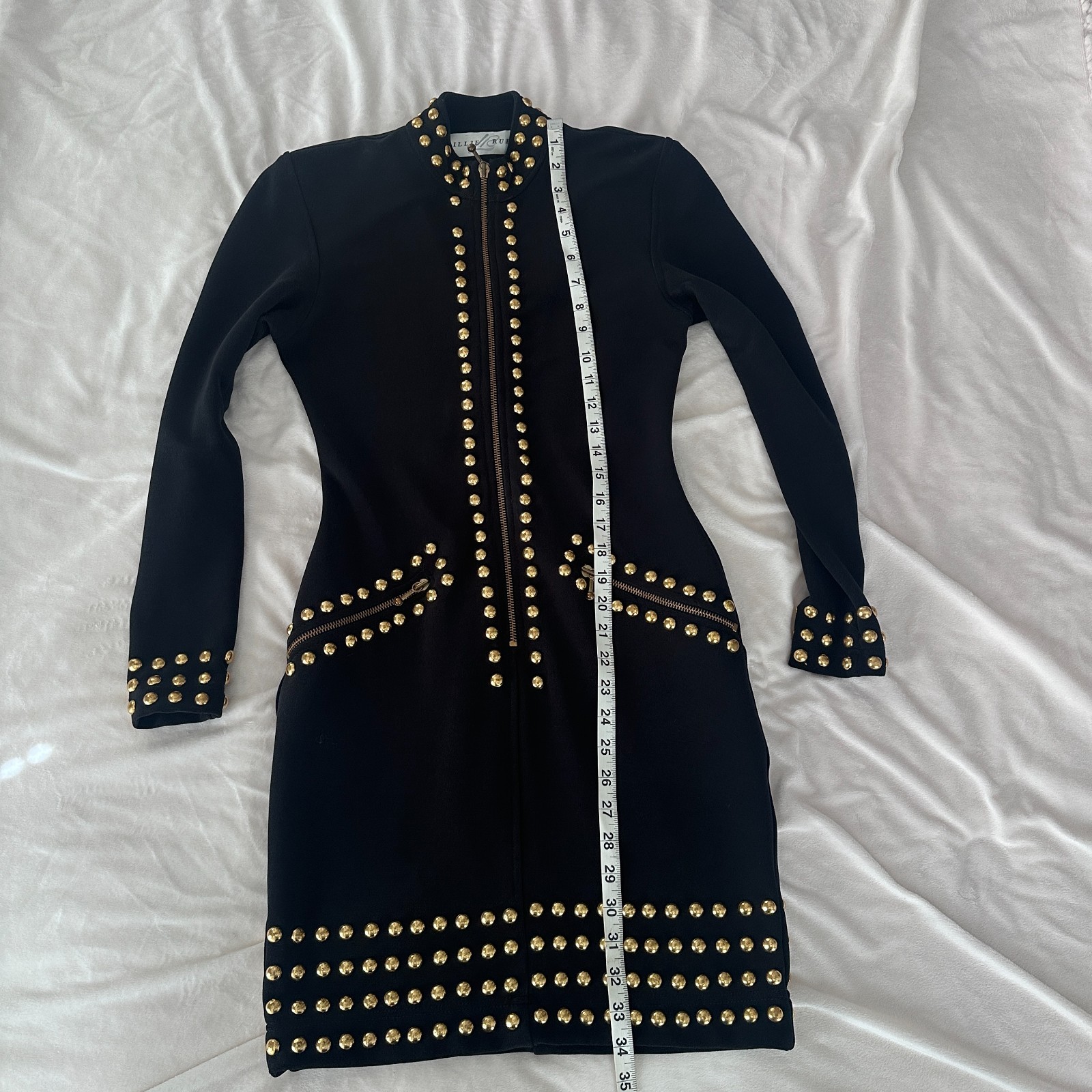 Vintage Lillie Rubin Black Gold Studded Bodycon Zip Dress XS 80s