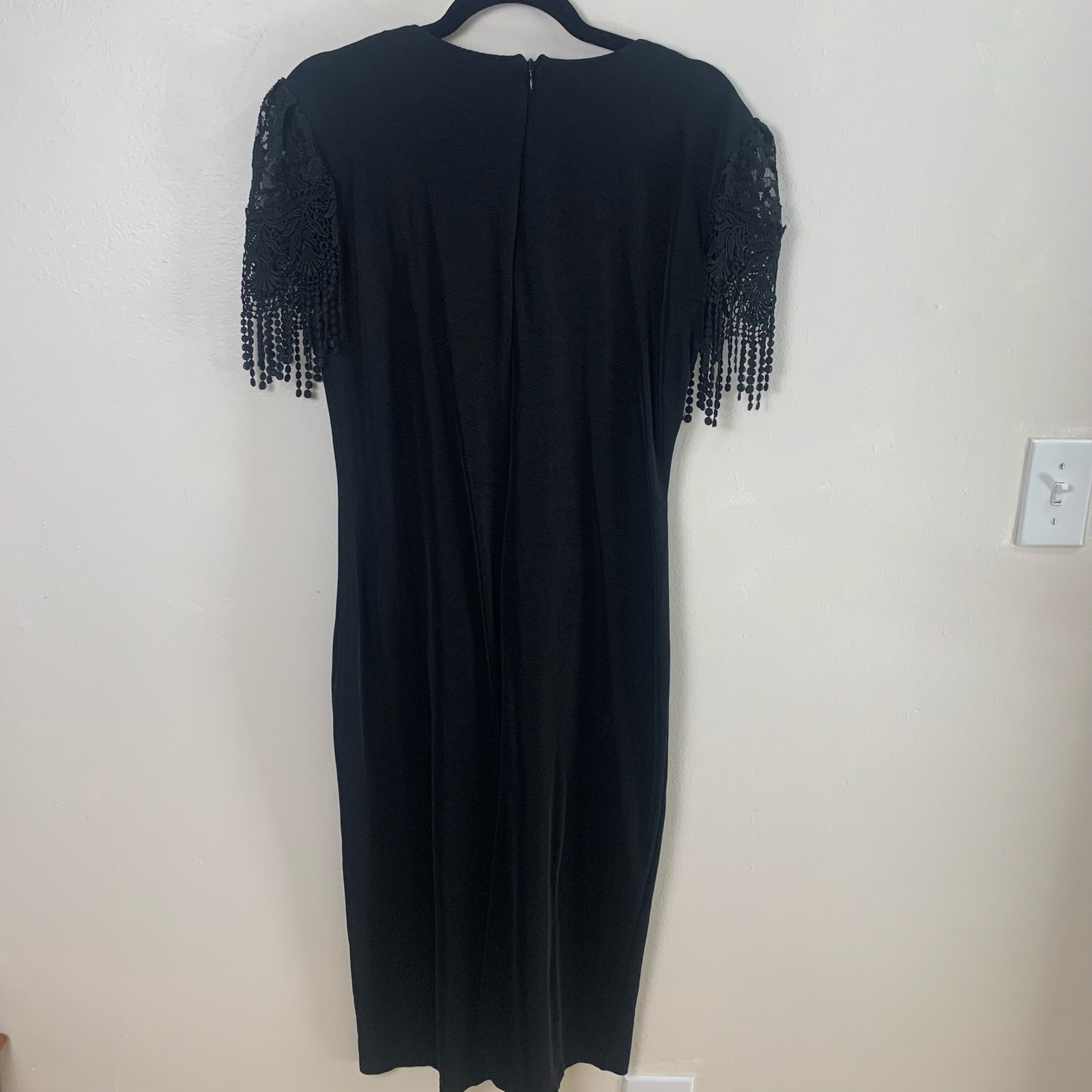 Vintage Black Lace Fringe Cocktail Dress Sen Shi Beaded Trim Midi Fitted Stretch