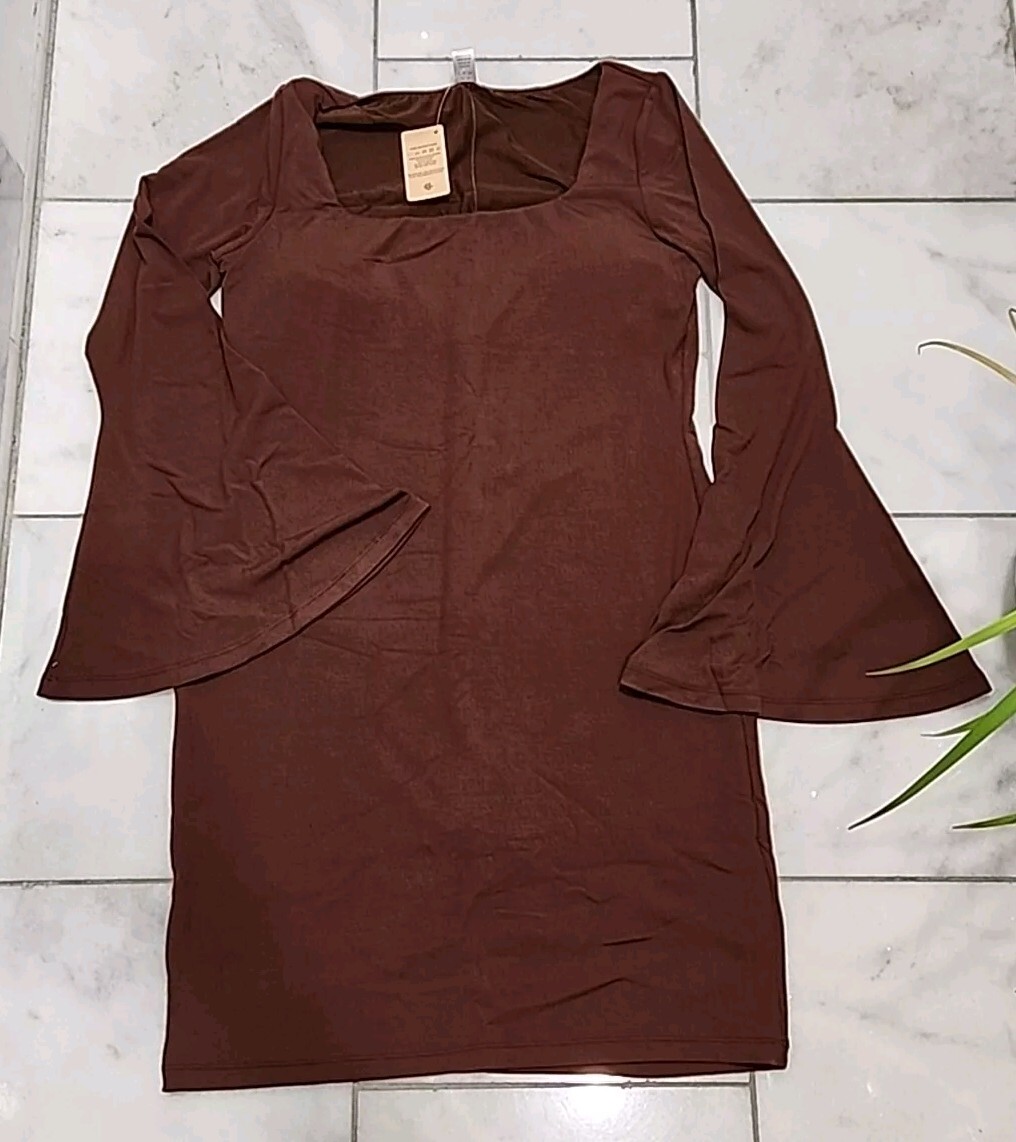 Nwt Popilush Women’s Built In Shapewear Long Bell Sleeve Mini Dress -Brown 3XL.