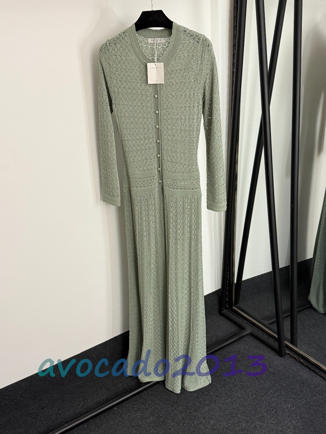 Sandro Women Pearl Button Elegant Hollow Out Long Sleeved Knitted Dress