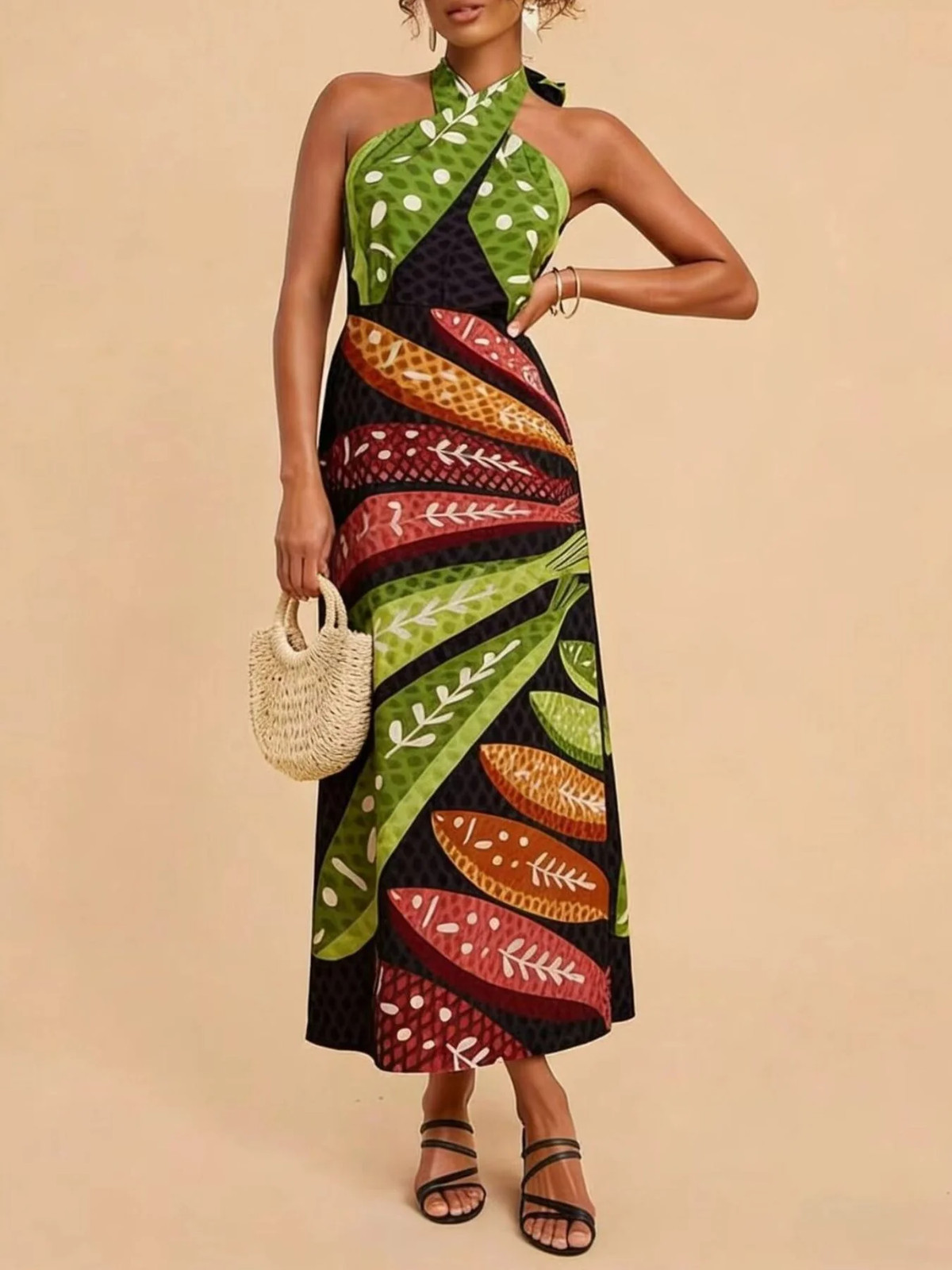 Tropical Leaf Print Halter Midi Dress Resort Vacation Elegance