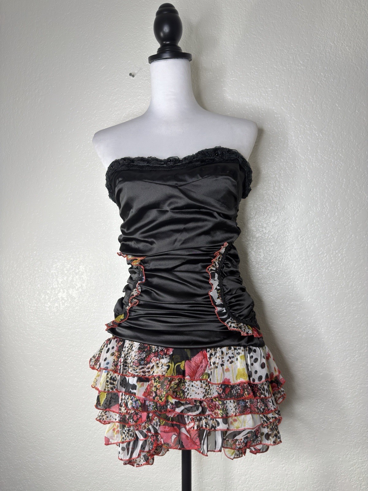 Y2K Ruched Asymmetrical Sweetheart Satin Sheer Dress Art Sequin Whimsygoth Sz S