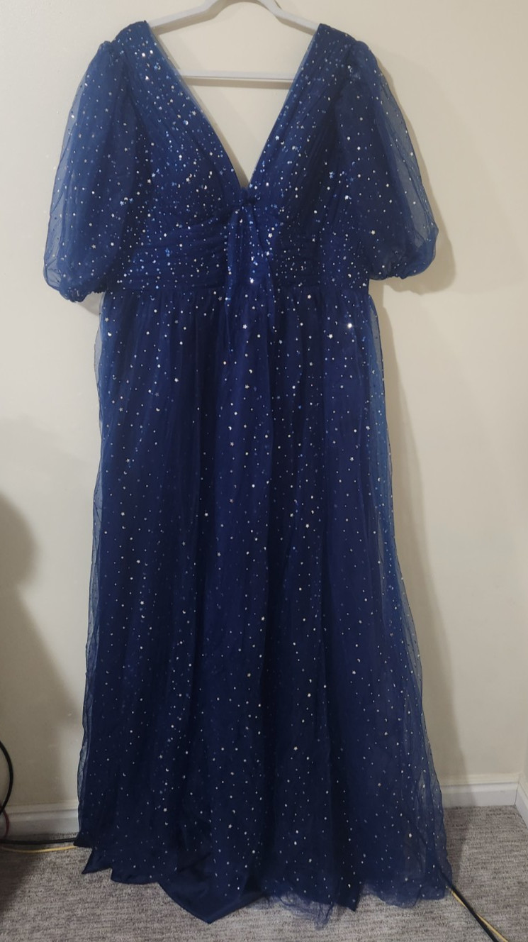 Xijun Dress Size 14 Tulle V Neck Puffy Sleeve Slit Starry Navy Blue Prom NWOT