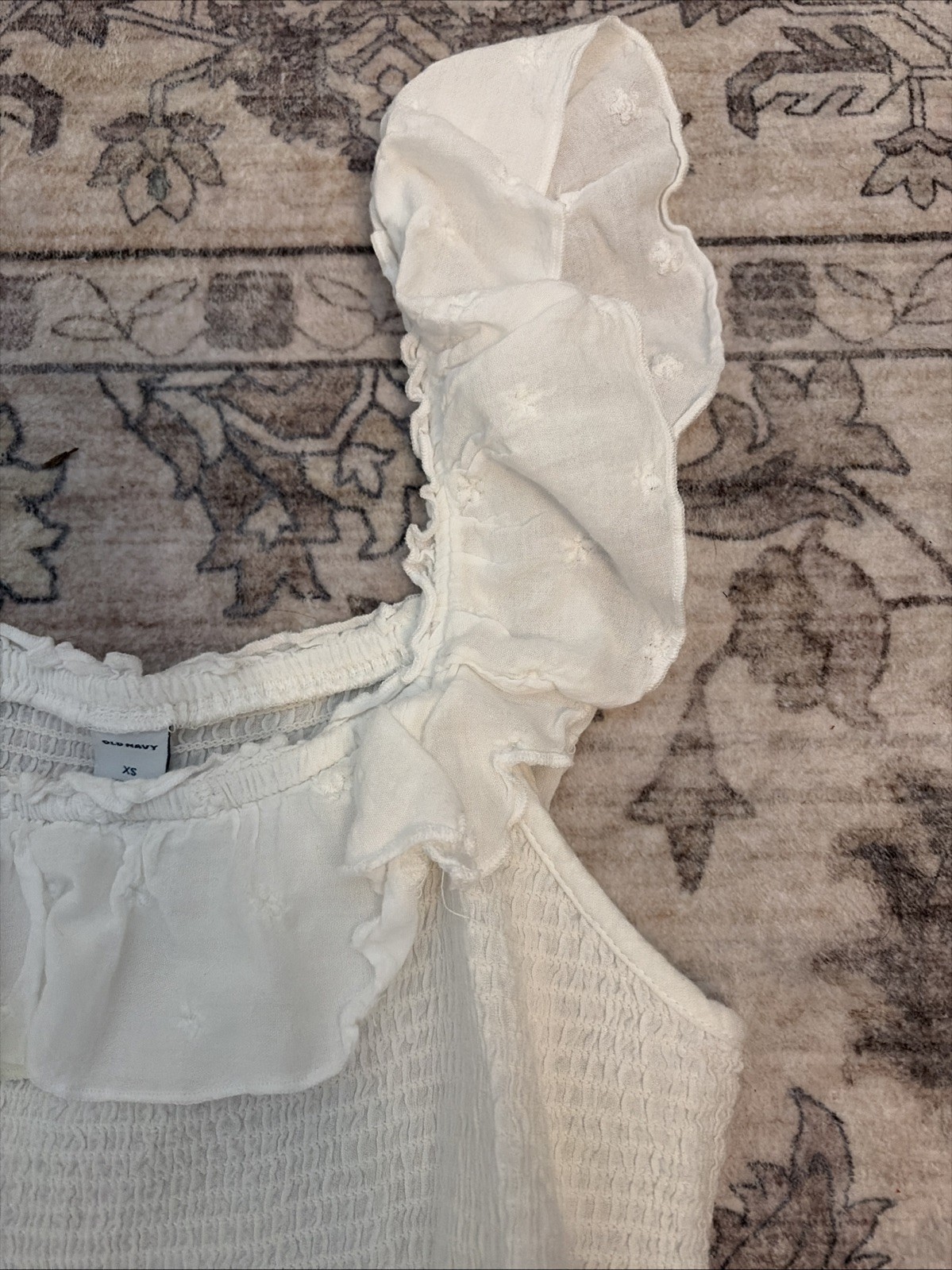Old Navy White Eyelet Smocked Maxi Dress Ruffled Beachy Cottage Peasant XS