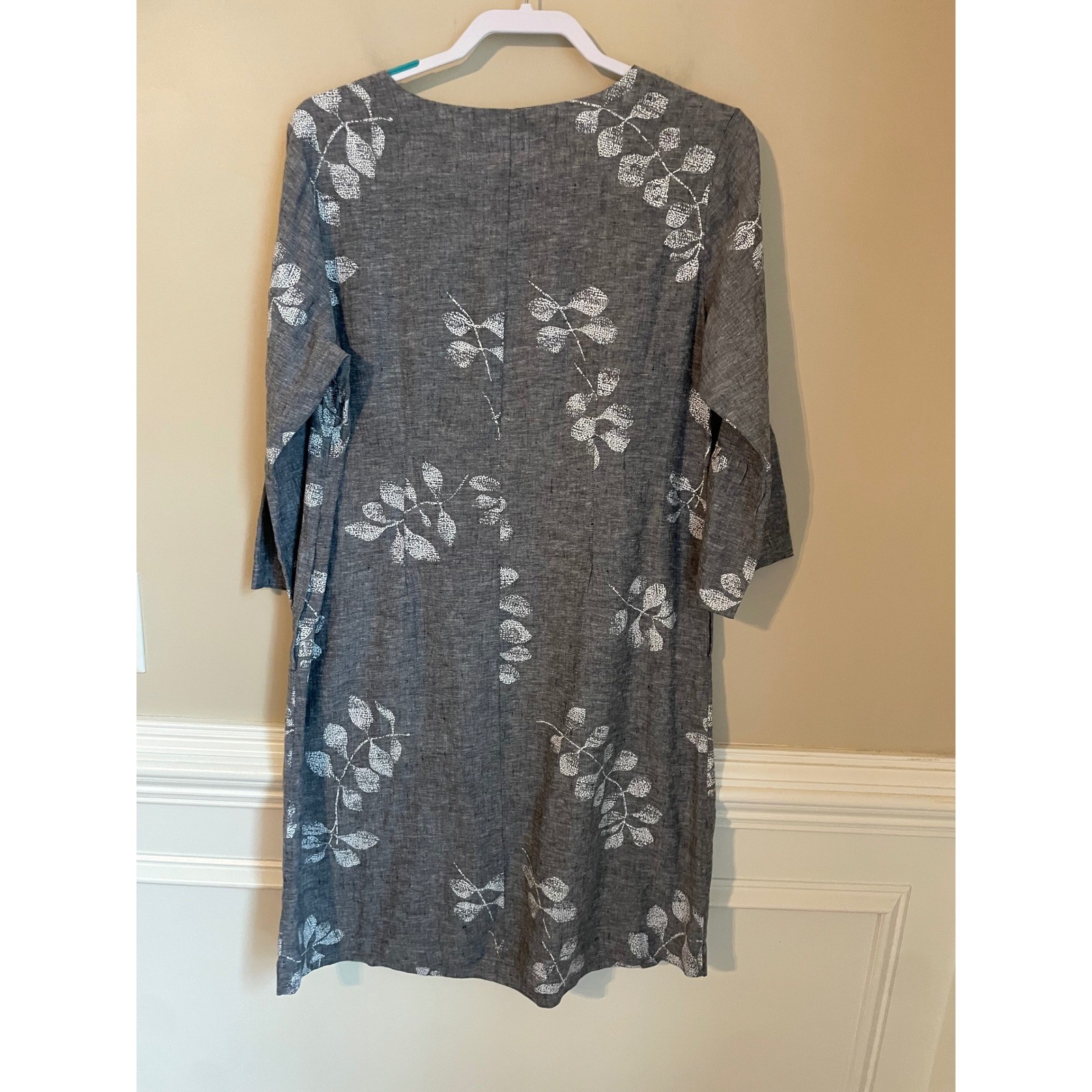 Habitat Size M Live Black Linen Blend Branch Print Bell Sleeve Tunic Dress