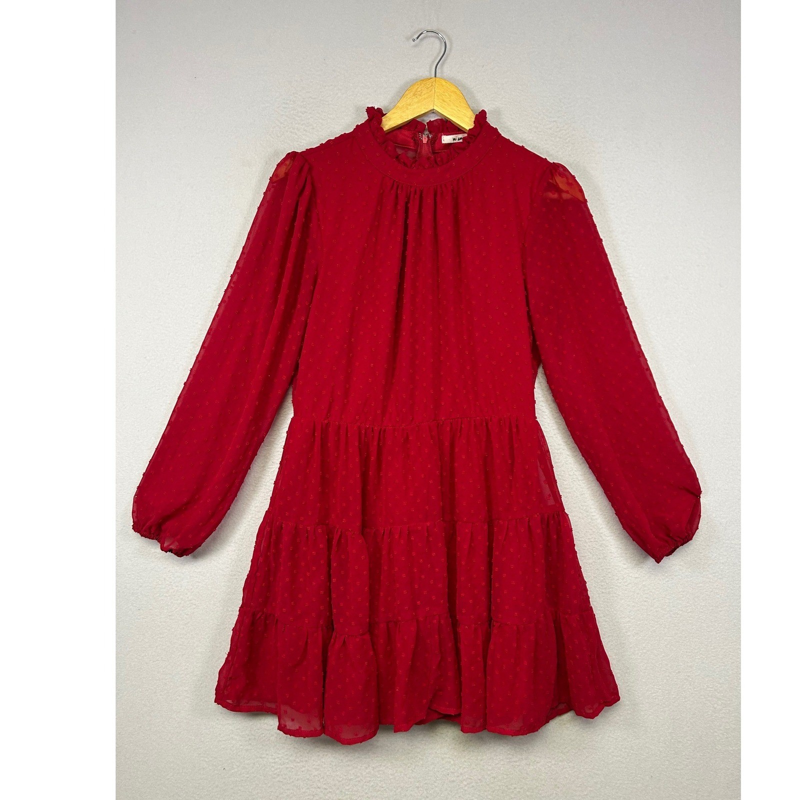 Romantic Mi Ami Women L Red Swiss Dot Ruffle High Neck Tiered Mini Dress