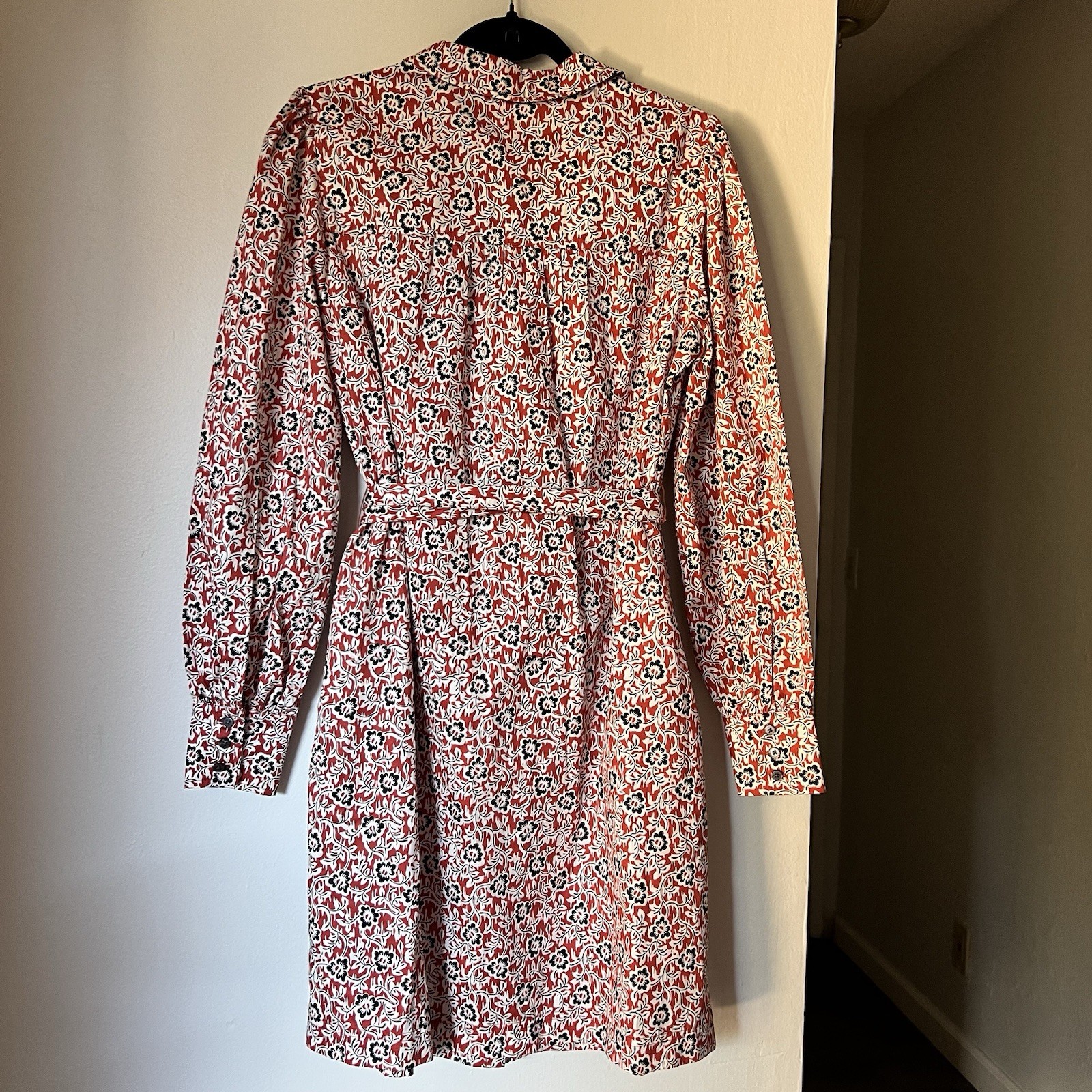 Boden Womens Dress Red Mini Floral Shirtdress Waist Tie Long Sleeve Boho Size 8L