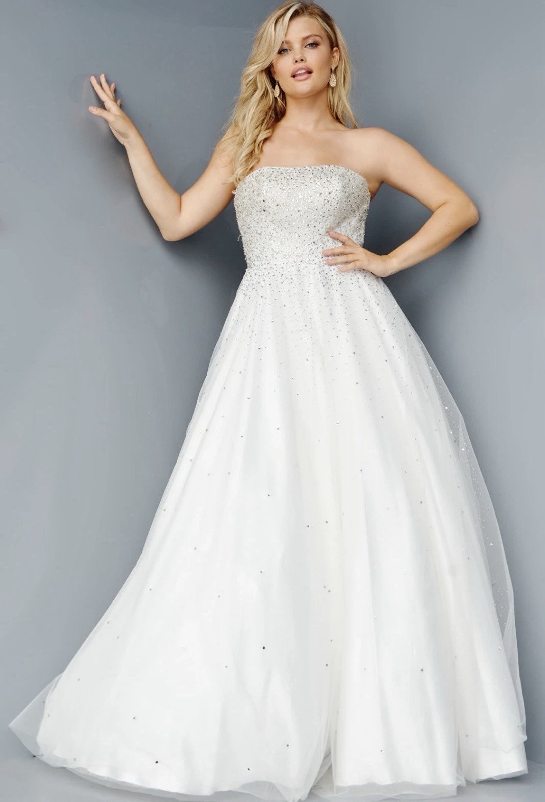 Jovani Strapless White Beaded Crystal Ball Bridal Gown Corset Dress Size 10