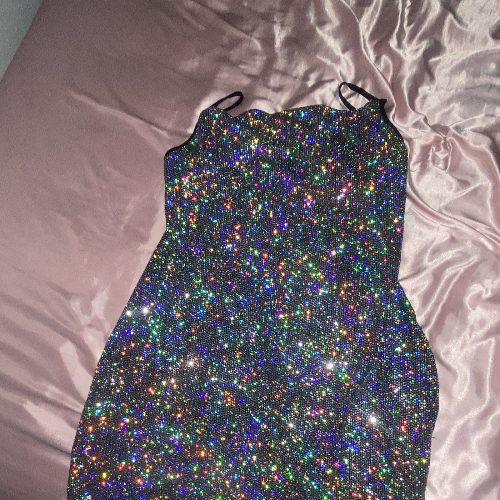 Zenobia Multicolor Glitter Cowl Neck Strappy Stretch Mini Dress Size S