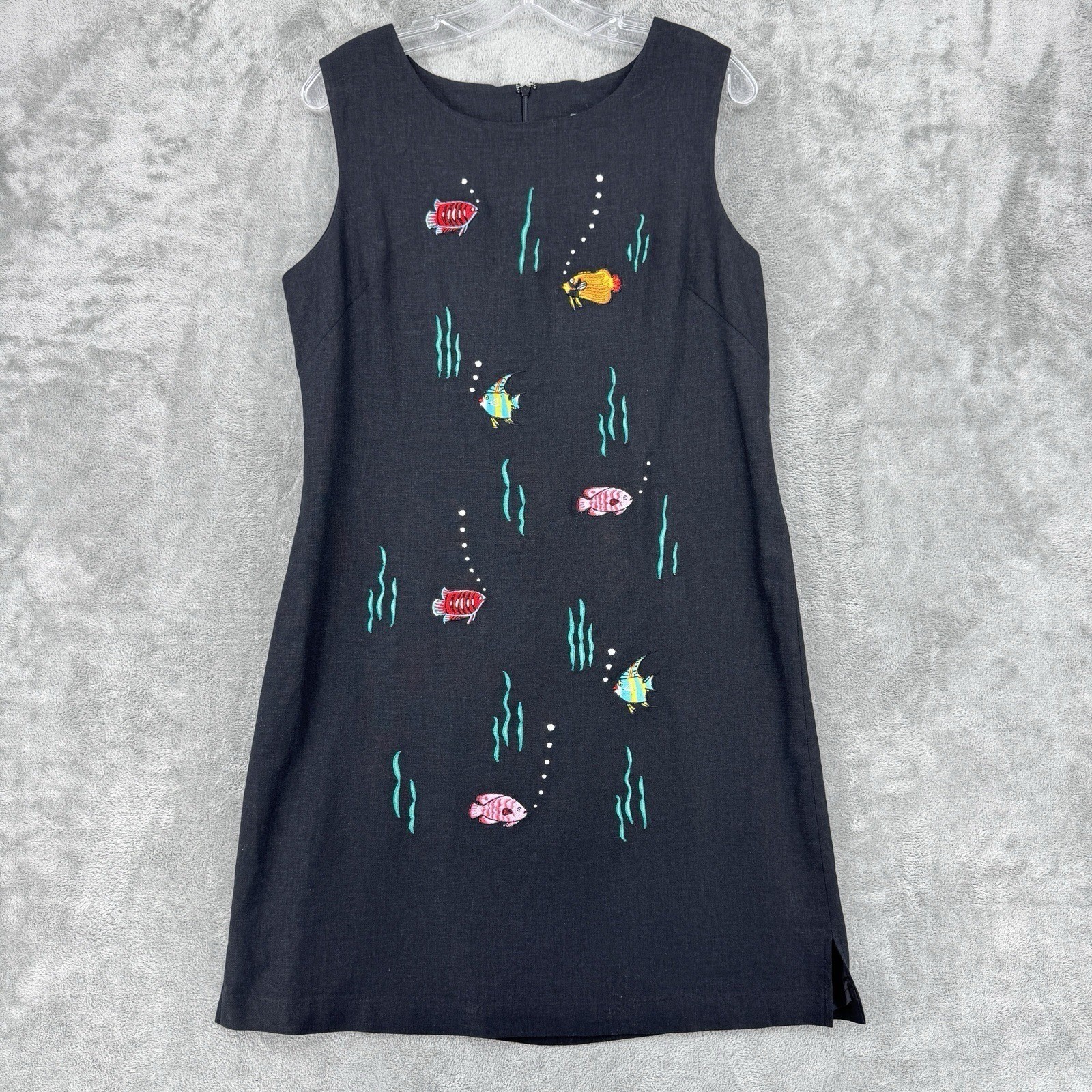 Vintage Ultra Dress 14 Linen Blend Sheath Fish Embroidered Wearable Art Tropical
