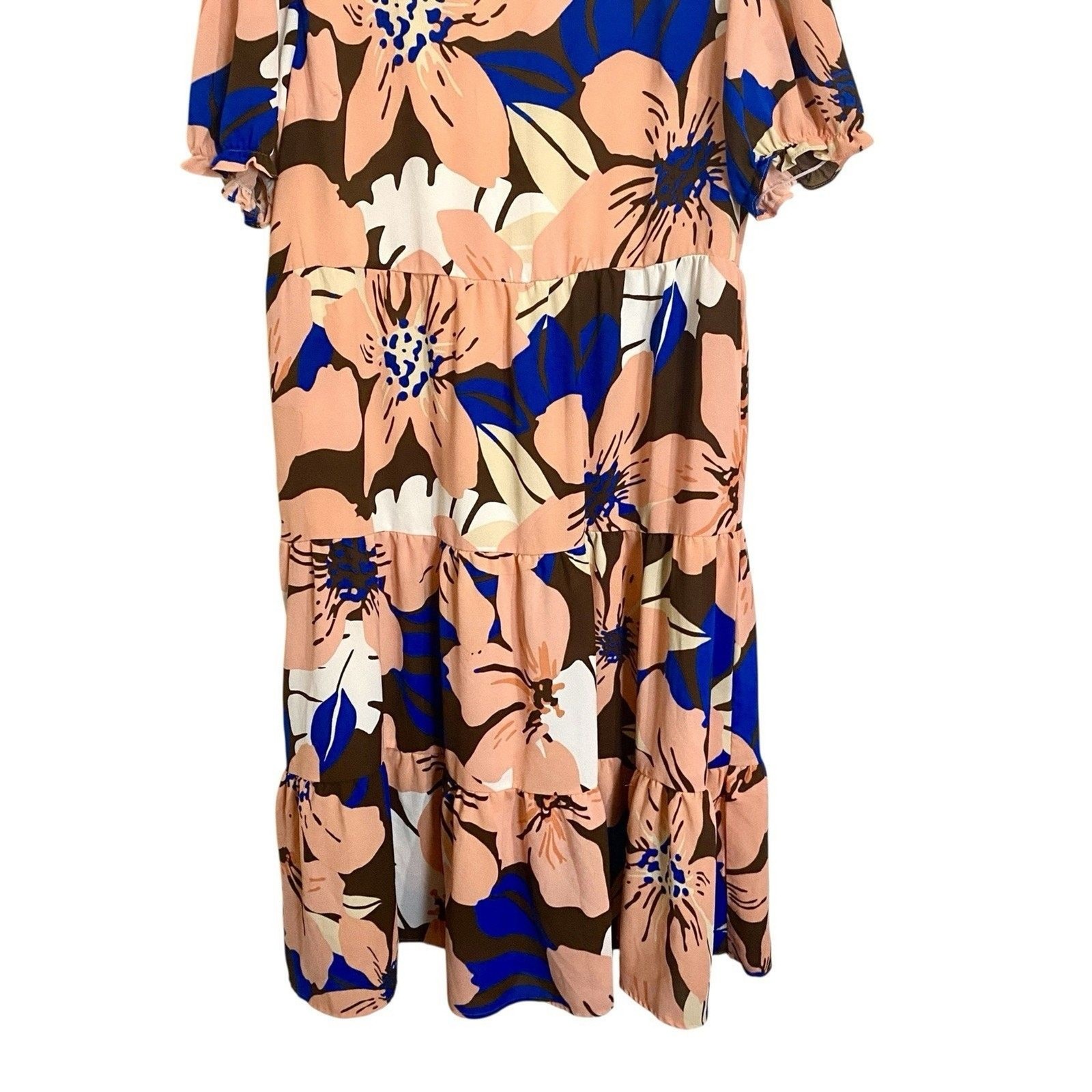 Pretty Garden Midi Dress Womens XL Short Sleeve Floral Brown Blue Orange Cream