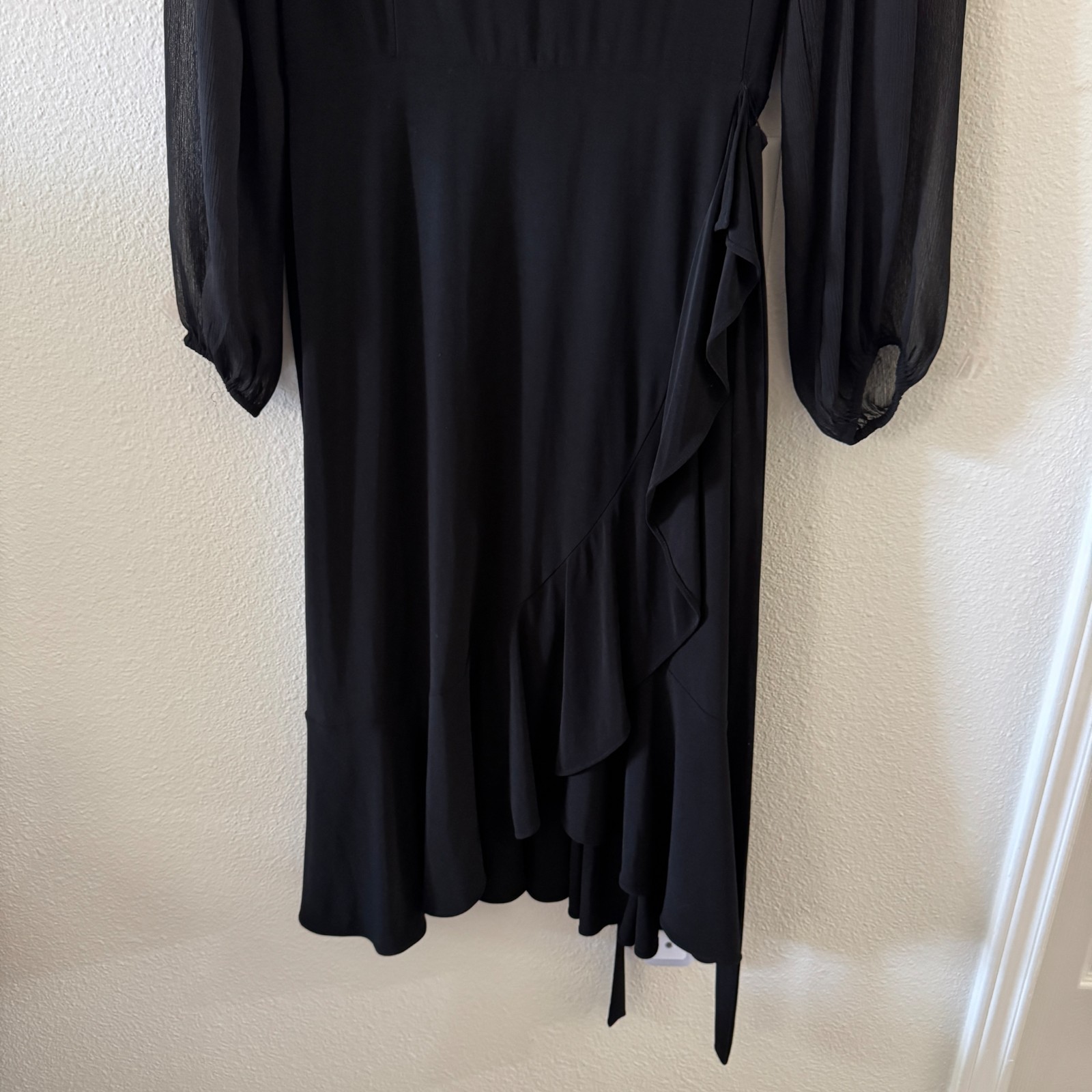 Black Chiffon Bishop Sleeve Asymmetrical Tie Midi Dress Sz 14 Goth Dark Coquette