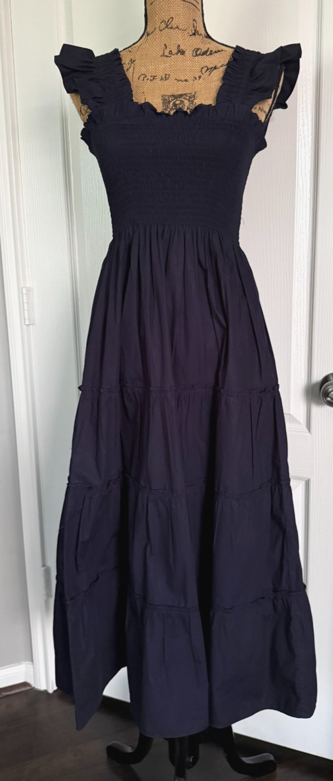 Quince Organic Cotton Poplin Smocked Midi Dress Sundress Tiered Ruffle Black M