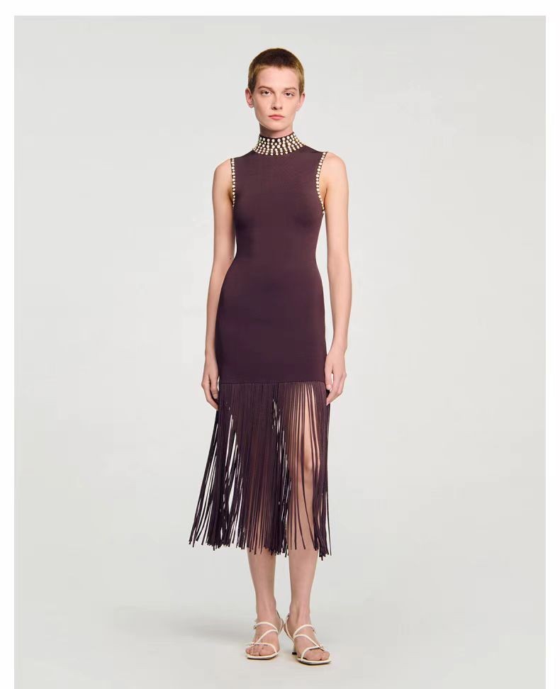 Sandro Pearl Willow nail Sleeveless Tassel Knitted dress Women’s Dress