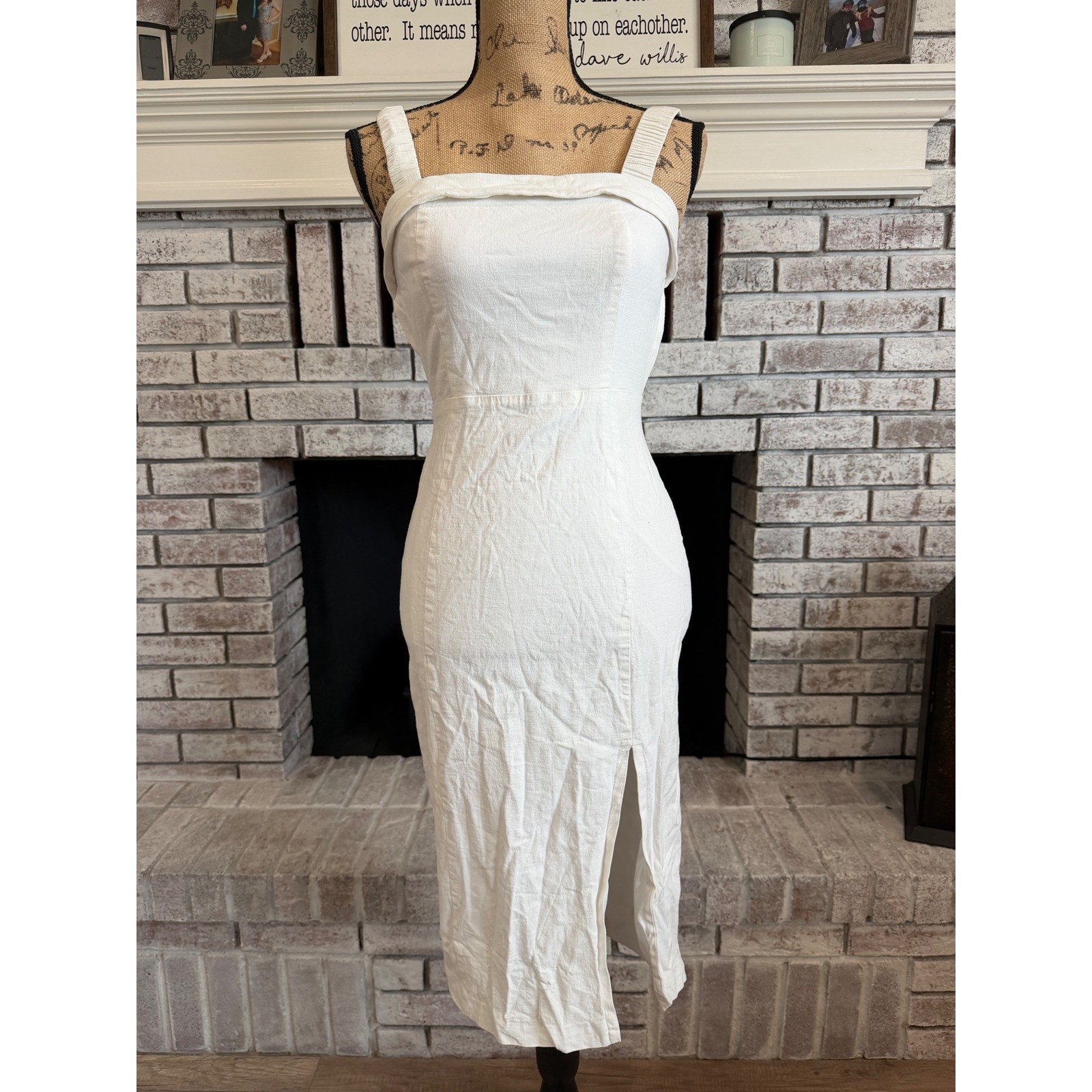 Mable Midi Dress Womens Size M White Open Back Slit Minimalist Resort