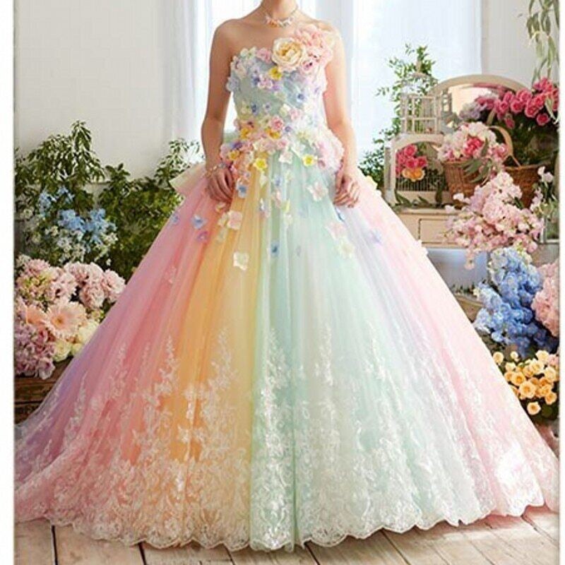 Pretty Colorful Rainbow Prom Dresses 3D Flower Lace Puffy Ruffles Evening Dress