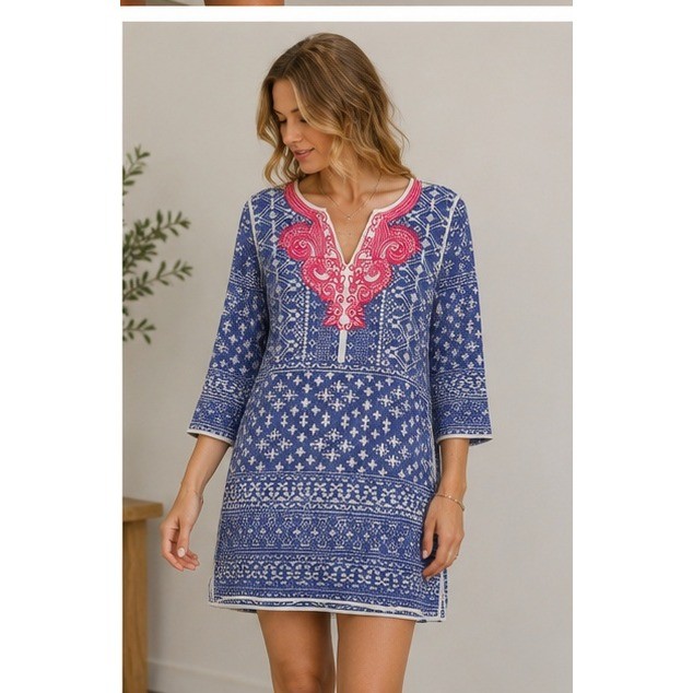 Soft Surroundings Label Noir Blue White Embroidered Tunic Dress XS Boho