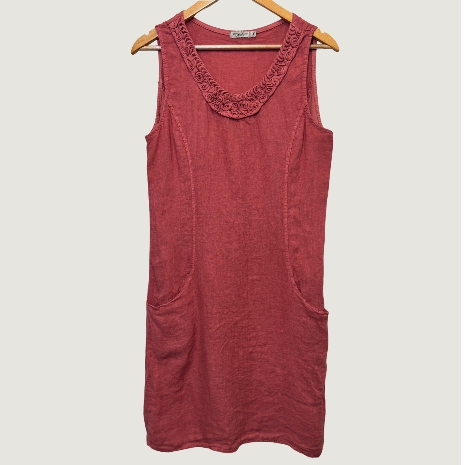 Lungo L’Arno Shift Dress M Coral Pink Linen Midi Rosette Lagenlook Italy Pockets