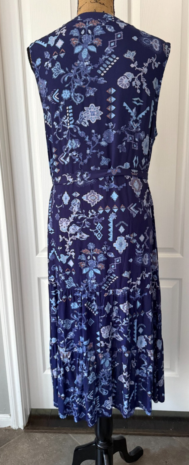 Beach Lunch Lounge Shirt Dress Button Up Belted Sleeveless V-Neck Blue Floral L
