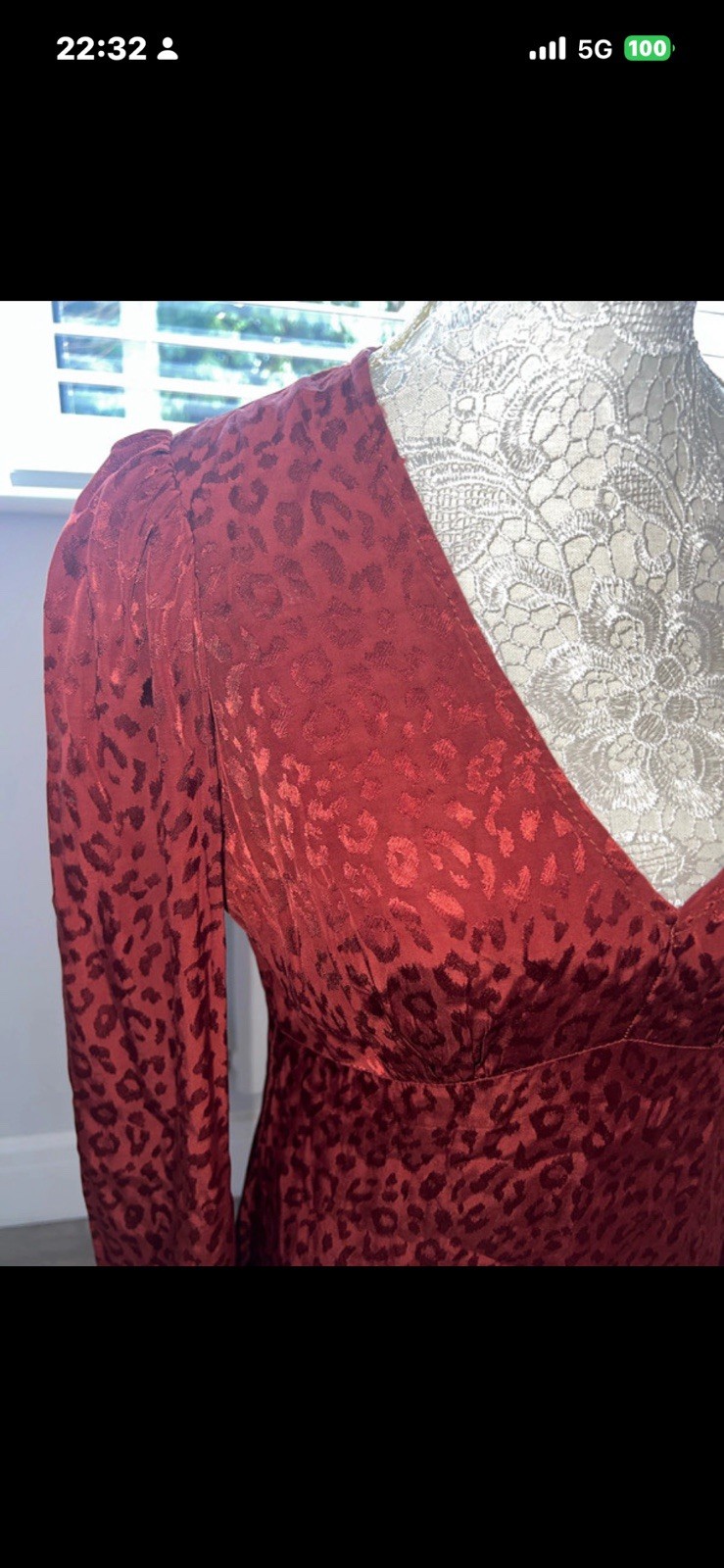 River Island Rust Long Sleeve Silky Mini Dress. Deep V. Size 10 Animal Design