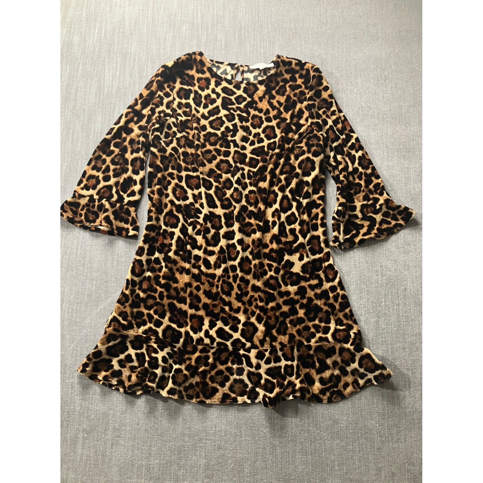 LOFT Womens Leopard Print Velvet Ruffle Sleeve Shift Dress Brown Size 14